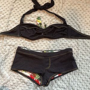 Guess Reverse-able Two Piece Jean & Floral Swimsuit Set